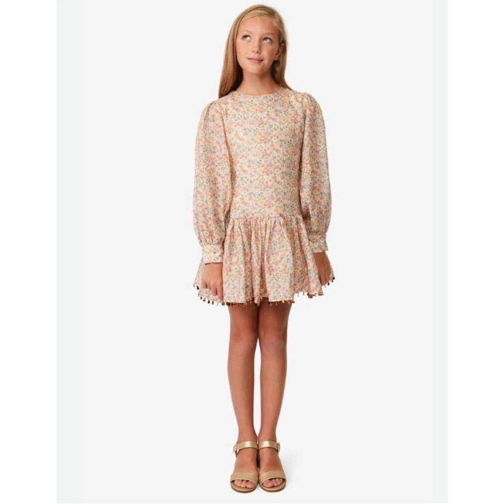 Bardot Cream Sundress with Bishop Sleeves and Crew Neck